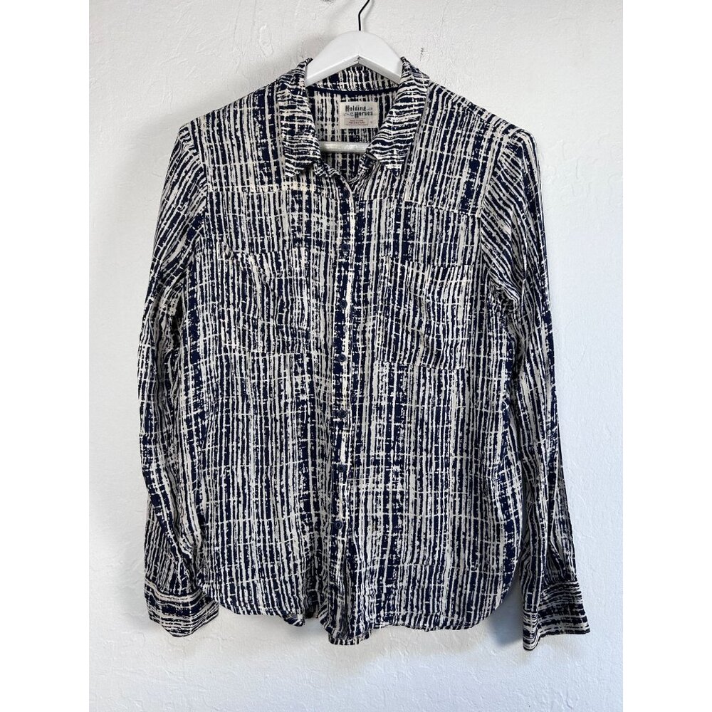 Anthropologie Holding Horses Womens Navy White Abstract Button up 10 Lightweight
